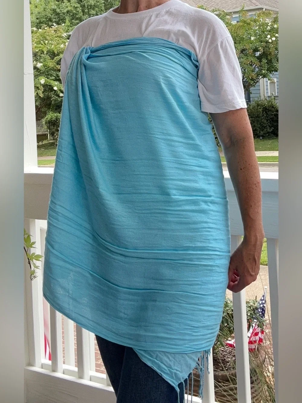 Light Aqua Fringe Scarf | Soft Lightweight Wrap Shawl